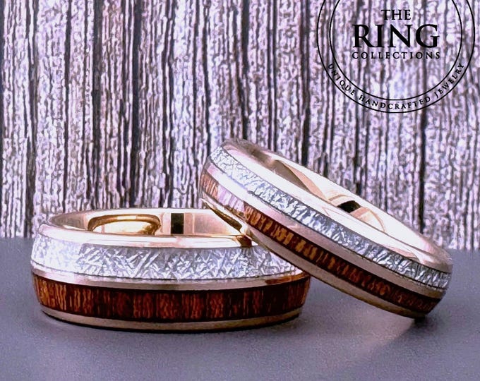 Rose Gold Tungsten Wedding Band Ring with Wood and Meteorite Inlay for Men Women, 4MM 6MM 8MM, Half Sizes Available, Domed, Comfort Fit