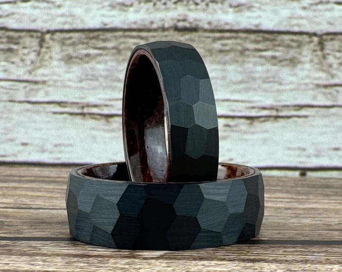 Black Hammered Tungsten Carbide Ring Wedding Band with Rosewood Interior for Men Women, Available in 4mm 6mm 8mm