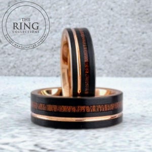 Rose Gold and Black Tungsten Ring for Men Women, Black Wedding Band with Wood Inlay and Rose Gold Groove, 6MM 8MM, Black Wood Ring Band Men