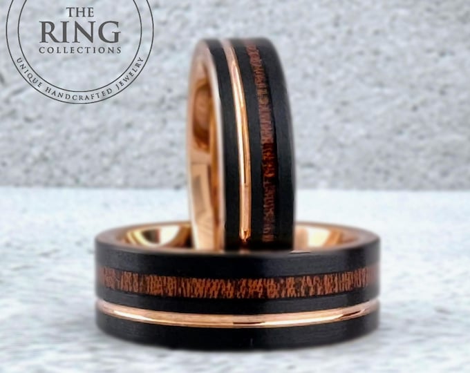 Rose Gold and Black Tungsten Ring for Men Women, Black Wedding Band with Wood Inlay and Rose Gold Groove, 6MM 8MM, Black Wood Ring Band Men