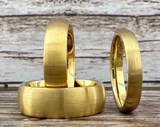 Gold Wedding Band Men Women Tungsten Ring Band Domed Brushed Gold Finish His and Hers Anniversary Gift 4mm 6mm 8mm