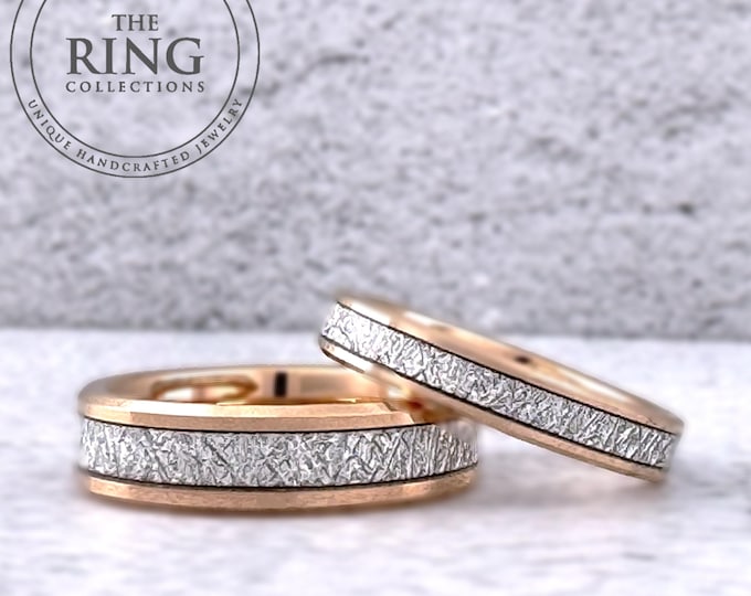 4mm 6mm 8mm Rose Gold Wedding Band with Meteorite Inlay, Rose Gold Tungsten Ring for Men Women, Meteorite Ring, Rose Gold Ring, Anniversary