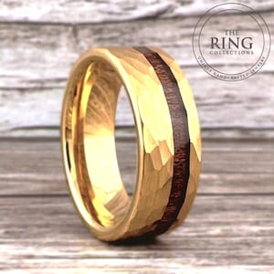 Wedding Band for Men & Women Gold Ring with Wood Inlay Hammered Brushed Finished Tungsten Carbide His Anniversary Gift Her Proposal Ring