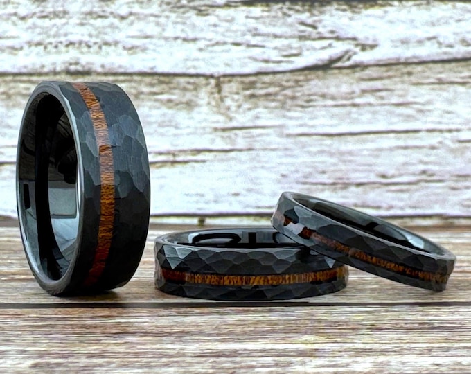 Black Hammered Tungsten Carbide Ring Wedding Band with Koa Wood for Men Women, Available in 4mm 6mm 8mm