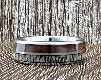 8mm Silver Gray Deer Antler and Koa Wood Ring Wedding Band for Men Woman, Sizes 5 to 15 with half sizes available.