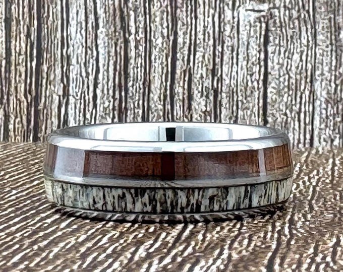 8mm Silver Gray Deer Antler and Koa Wood Ring Wedding Band for Men Woman, Sizes 5 to 15 with half sizes available.