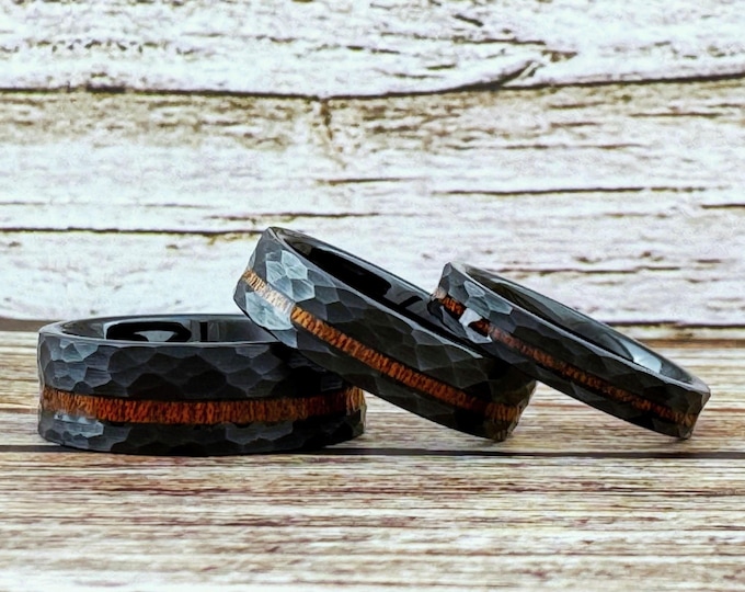Black Hammered Tungsten Carbide Ring Wedding Band with Koa Wood for Men Women, Available in 4mm 6mm 8mm