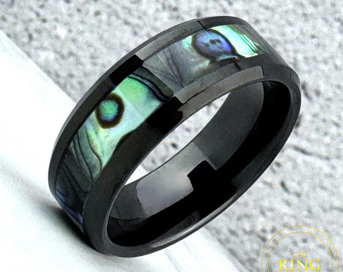 Men Women Black Wedding Band Mother of Pearl Inlay Tungsten Carbide Abalone Wedding Ring 8mm 6mm Beveled Design Comfort Fit Band
