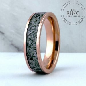 Moss Agate Rose Gold Tungsten Ring Wedding Band for Men Women, 6MM Green Moss Agate Band, Rose Gold Wedding Band Men, Couples Wedding Band