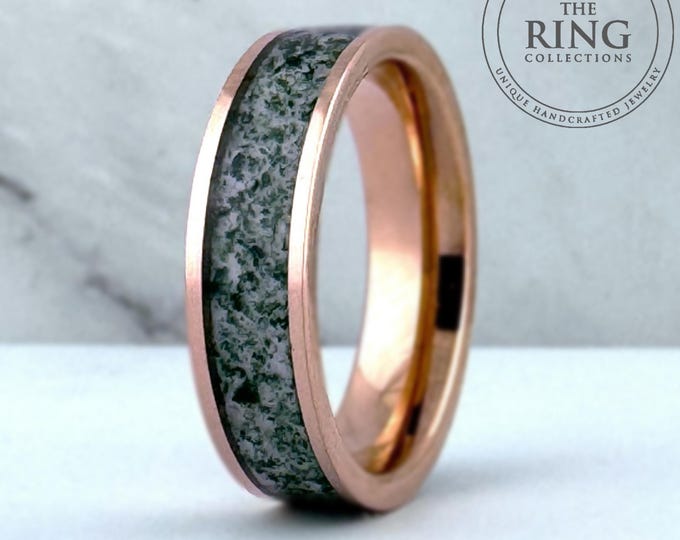 Moss Agate Rose Gold Tungsten Ring Wedding Band for Men Women, 6MM Green Moss Agate Band, Rose Gold Wedding Band Men, Couples Wedding Band