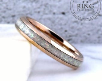4mm Rose Gold Tungsten Carbide Ring Wedding Band with Crushed White Fire Opal for Woman Men, Unique Anniversary Ring Gift for Her Him