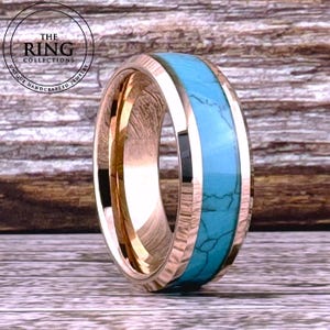 Turquoise Ring for Women Men Rose Gold Wedding Band Tungsten Polished Ring Husband Anniversary Ring Fiancé Engagement Ring 8mm 6mm 4mm