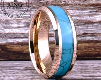 Turquoise Ring for Women Men Rose Gold Wedding Band Tungsten Polished Ring Husband Anniversary Ring Fiancé Engagement Ring 8mm 6mm 4mm