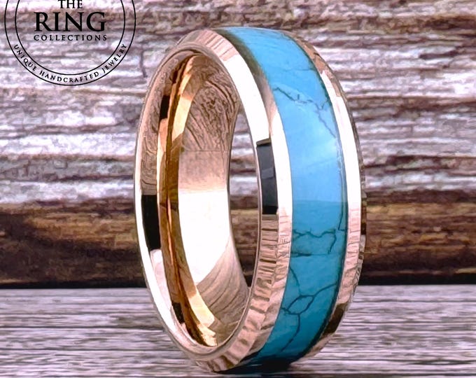 Turquoise Ring for Women Men Rose Gold Wedding Band Tungsten Polished Ring Husband Anniversary Ring Fiancé Engagement Ring 8mm 6mm 4mm