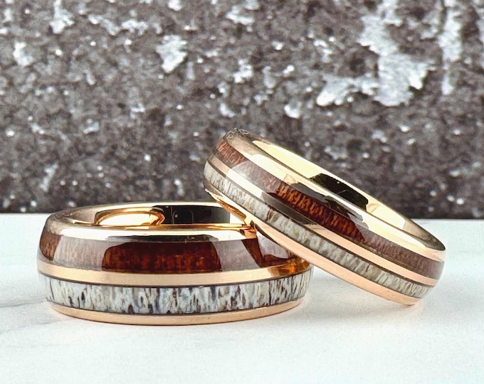Rose Gold Tungsten Ring Wedding Band with Deer Antler and Koa Wood for Men and Women. Half Sizes available 4 to 15 in 6mm and 8mm.