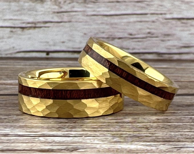 Gold Tungsten Ring with Wood Inlay, Gold Hammered Tungsten Ring for Men Women, Gold Wedding Band for Men Women, Gold Wood Ring Band for Men