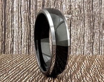 6MM Black Tungsten Wedding Band Ring for Men Women, Polished Finish and Gray Silver Beveled Edges, Available in 6mm 8mm, Sizes 5 to 15.