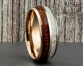 Rose Gold Koa Wood and Meteorite Wedding Band Ring for Men Women, Rose Gold Wood Tungsten Ring, 4MM 6MM 8MM, Wood Ring, Couple Wedding Band