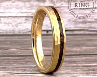 4mm Gold Hammered Tungsten Ring for Men Women, Thin Gold Tungsten Ring with Koa Wood, Wedding Band Men Women, Anniversary Gift Him Her Wife