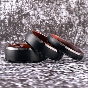 Black Tungsten Ring and Wood Inside, Black Ring Wedding Band for Men Women, Black Obsidian Tungsten and Wood Wedding Band for Him or Her