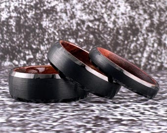 Black Tungsten Ring and Wood Inside, Black Ring Wedding Band for Men Women, Black Obsidian Tungsten and Wood Wedding Band for Him or Her