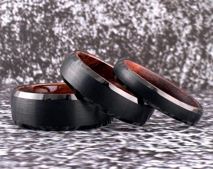 Black Tungsten Ring and Wood Inside, Black Ring Wedding Band for Men Women, Black Obsidian Tungsten and Wood Wedding Band for Him or Her