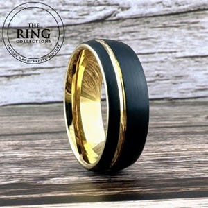 Gold und Schwarz Ring Hochzeit Band für Männer Frauen Gelb Gold Wolfram Ring mit Groove und Schwarz gebürstet Außerhalb gewölbt sein Jubiläum Geschenk