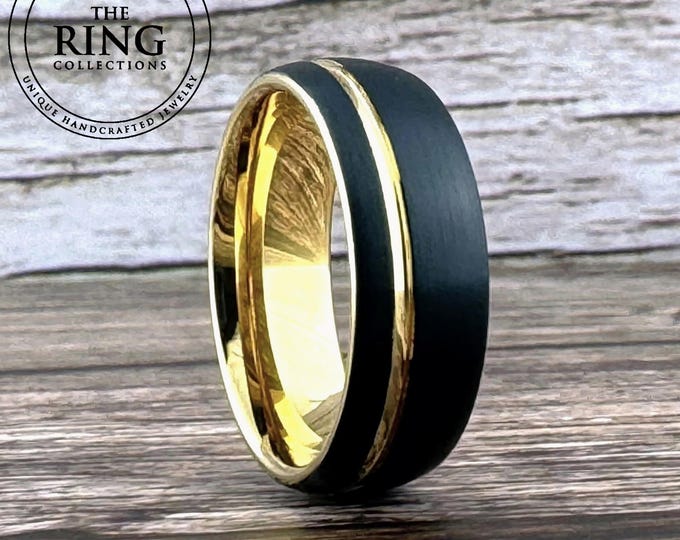 Gold and Black Ring Wedding Band for Men Women Yellow Gold Tungsten Ring with Groove and Black Brushed Outside Domed His Anniversary Gift