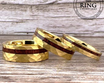 Gold Hammered Tungsten Ring for Men Women, Gold Tungsten Ring with Koa Wood, Gold Wedding Band Men Women, Gold Koa Wood Ring, Anniversary