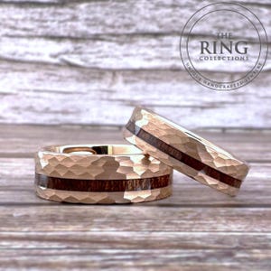 Rose Gold Tungsten Wedding Band: Hammered Koa Wood Inlay