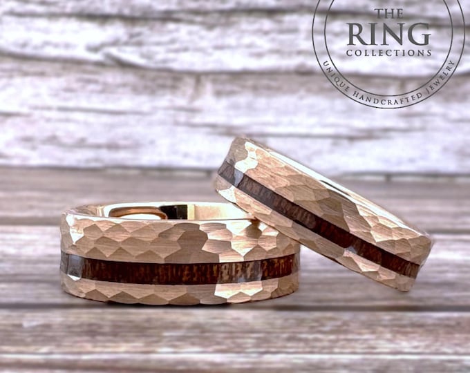 Rose Gold Tungsten Wedding Band: Hammered Koa Wood Inlay