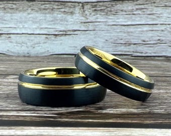 Black Tungsten Carbide Ring Wedding Band with Gold Groove and Inside for Men or Women, Domed and Matte Brushed Surface, Half Sizes Available