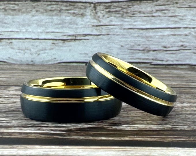 Black Tungsten Carbide Ring Wedding Band with Gold Groove and Inside for Men or Women, Domed and Matte Brushed Surface, Half Sizes Available