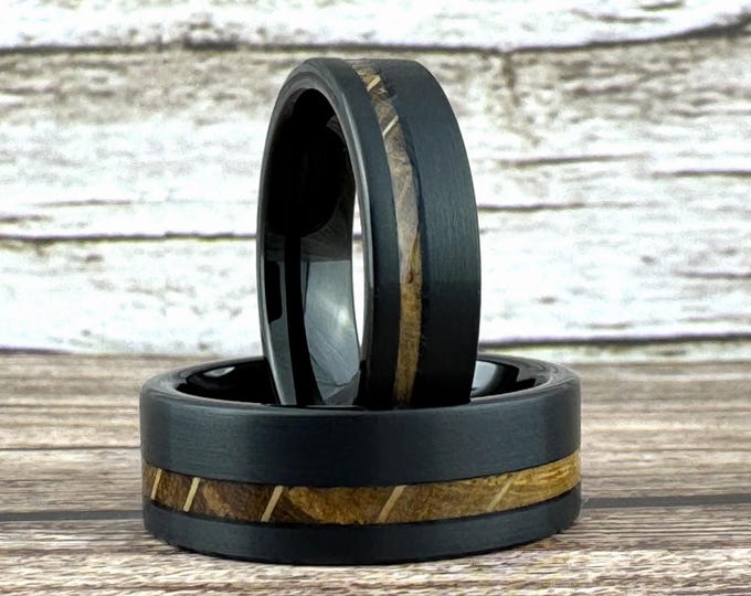 Whiskey Barrel Black Tungsten Ring for Men, Whiskey Barrel Black Wedding Band Ring, Black Tungsten Ring for Men, Black Comfort Fit Ring