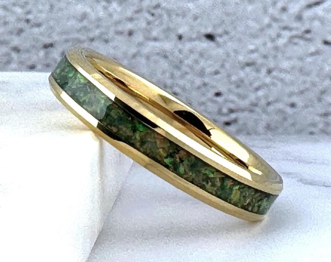 Opal Tungsten Gold Ring Wedding Band, Thin Gold Ring, 4mm Tungsten Wedding Band, Crushed Light Green Opal Ring, Wedding Band for Men Women