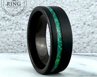 Men's Black Opal Ring Wedding Band Green Opal Inlay 8MM Black Tungsten Ring Men Women Anniversary Engagement Ring