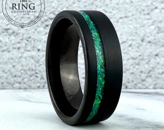 Men's Black Opal Ring Wedding Band Green Opal Inlay 8MM Black Tungsten Ring Men Women Anniversary Engagement Ring