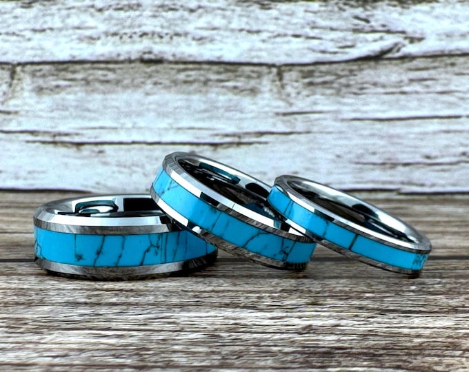 Turquoise Tungsten Ring Wedding Band for Men Women, Silver Finish. Available in 4MM 6MM 8MM, Sizes 4 to 15 (half sizes available).