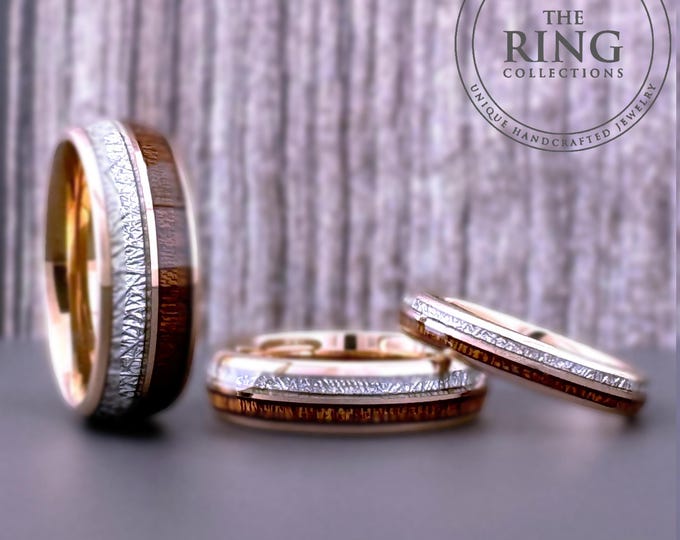 Wood Wedding Ring Meteorite Inlay Men Women Tungsten Band Rose Gold High Polish Finish Comfort Fit Ring 8mm 6mm 4mm Width