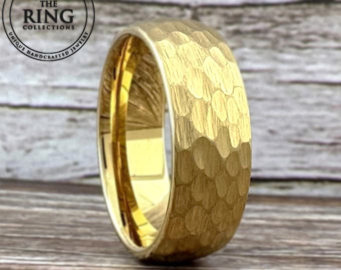 Gold Tungsten Ring for Men Women, Gold Hammered Wedding Band for Men Woman, Engagement, Anniversary Ring, 8mm 6mm 4mm Half Sizes Available