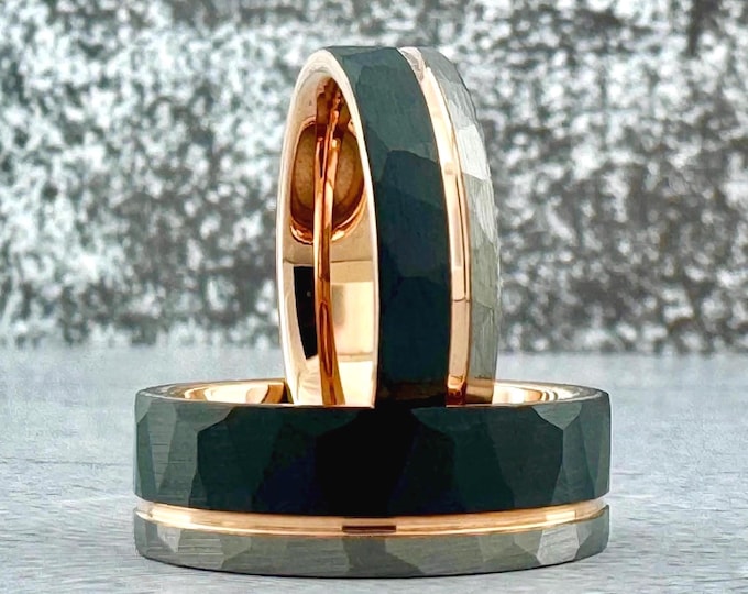 Hammered Black Silver and Rose Gold Tungsten Carbide Ring Wedding Band for Men Women, Available in 4mm 6mm 8mm and Half Sizes 4 to 15