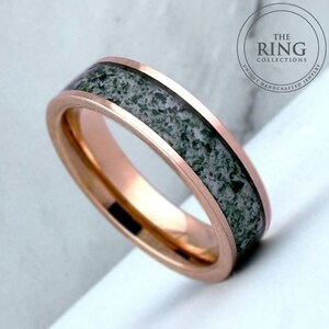 Moss Agate Rose Gold Tungsten Ring Wedding Band for Men Women, 6MM Green Moss Agate Band, Rose Gold Wedding Band Men, Couples Wedding Band