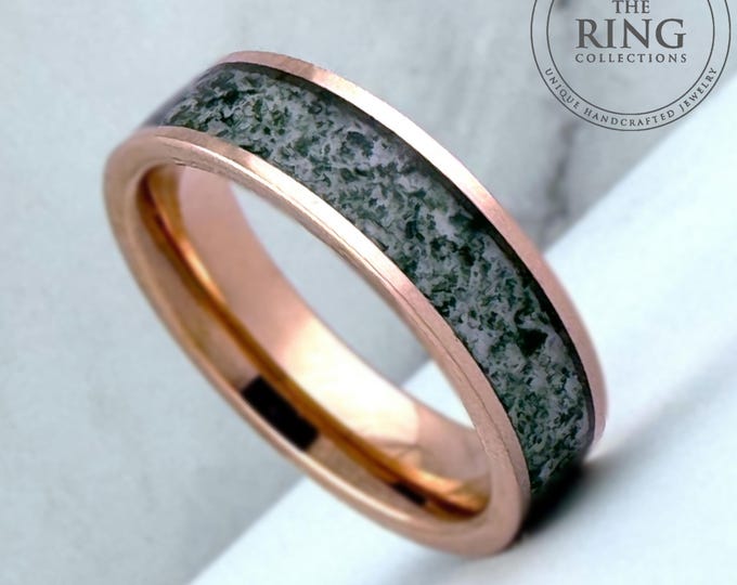 Moss Agate Rose Gold Tungsten Ring Wedding Band for Men Women, 6MM Green Moss Agate Band, Rose Gold Wedding Band Men, Couples Wedding Band