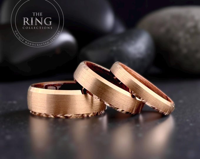 Rose Gold Tungsten Ring Set His and Hers Rosewood Inlay Wedding Matching Bands