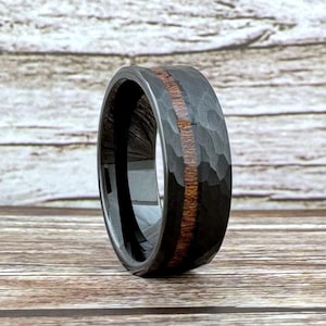 Black Wedding Band for Men, Black Tungsten Ring with Wood Inlay, Black Hammered Tungsten Ring for Men, 4MM, 6MM, 8MM, Wood Ring Band for Men