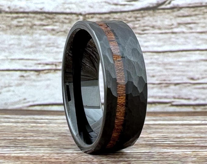 Black Hammered Tungsten Carbide Ring Wedding Band with Koa Wood for Men Women, Available in 4mm 6mm 8mm