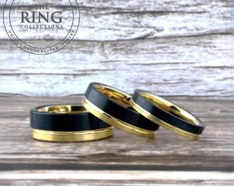 Black and Gold Tungsten Carbide Ring Wedding Band for Men Women, Available in 4MM 6MM 8MM and Half Sizes