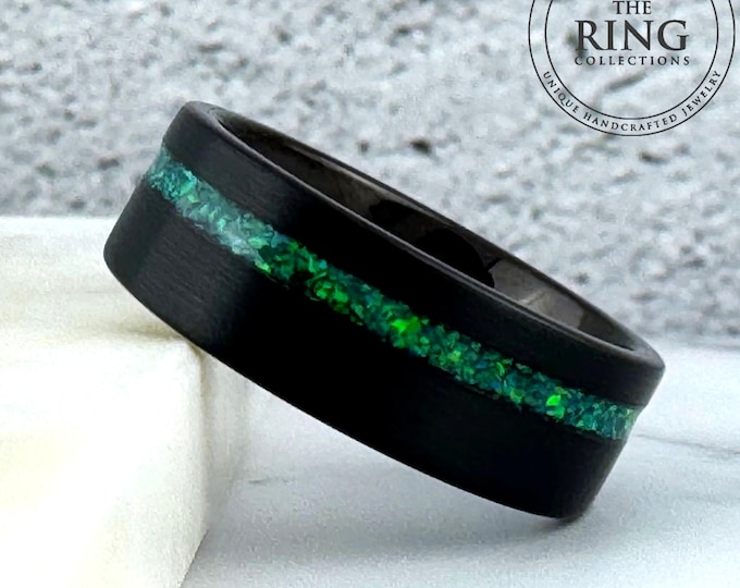 Black Tungsten Ring Band with Green Opal Inlay, Black Obsidian Tungsten Ring Green Opal, 8MM Tungsten Opal Wedding Band Ring for Men Women
