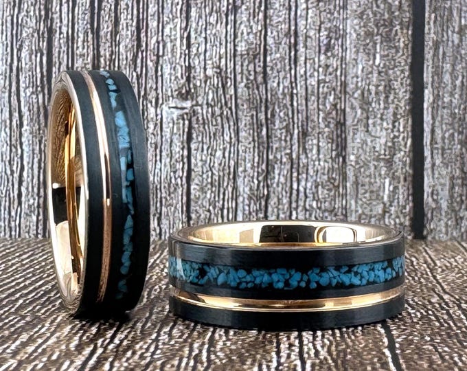 Black and Rose Gold Tungsten Ring with Turquoise for Men Women, Black Wedding Band, Turquoise Ring, Rose Gold Band Ring, 6MM 8MM Half Sizes