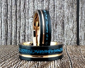 Black Wedding Band with Turquoise Inlay and Rose Gold Groove, Rose Gold and Black Tungsten Ring for Men Women, 6MM 8MM, Black and Turquoise